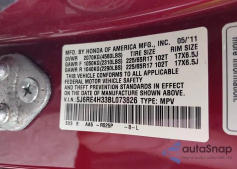 2011 Honda Cr-V Lx from USA, damaged, VIN 5J6RE4H33BL073826